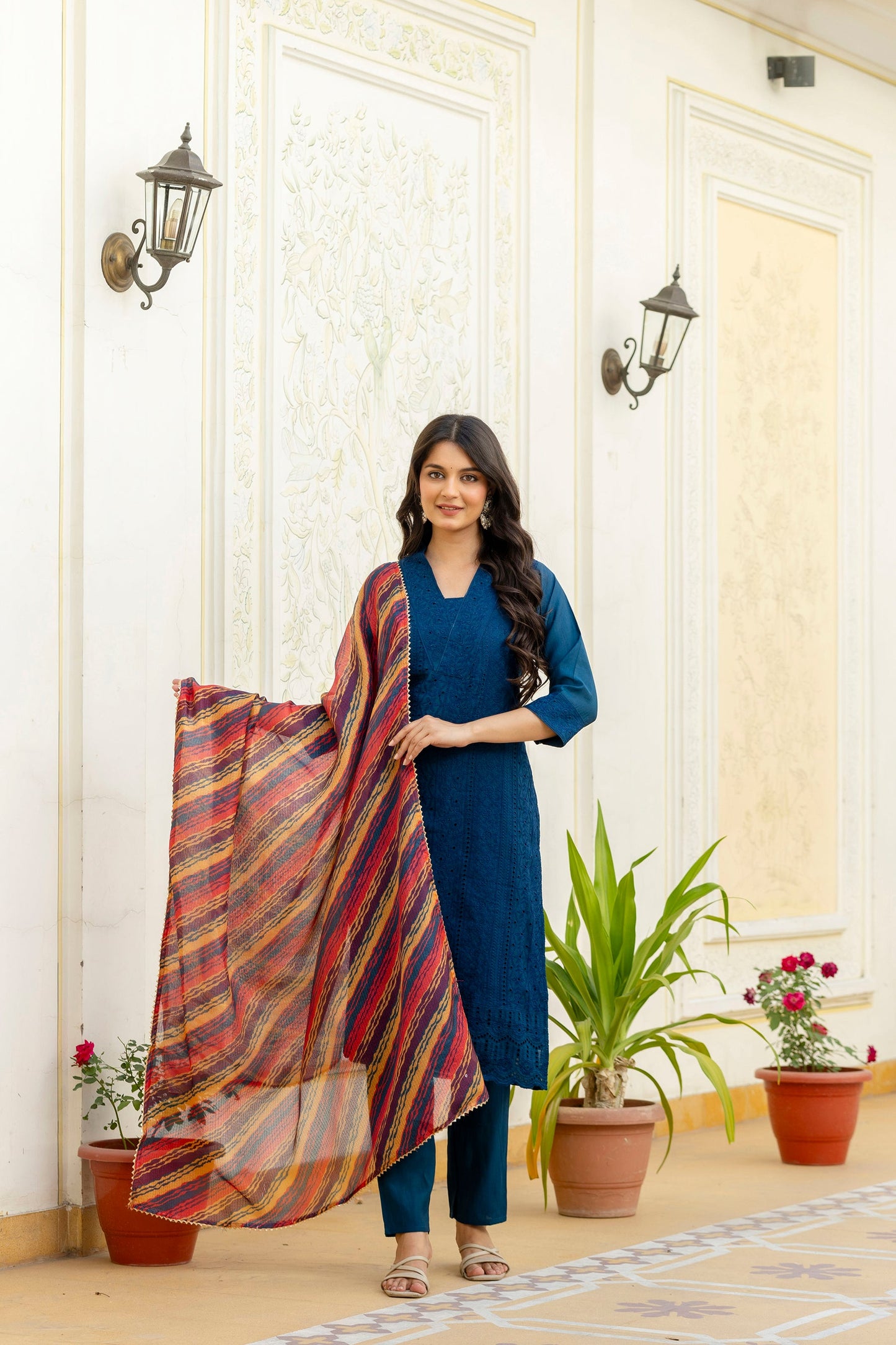 Lorenvalley Fashion Rama Roman Silk Chikan Kari Work Kurta Pant With Dupatta