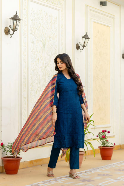 Lorenvalley Fashion Rama Roman Silk Chikan Kari Work Kurta Pant With Dupatta