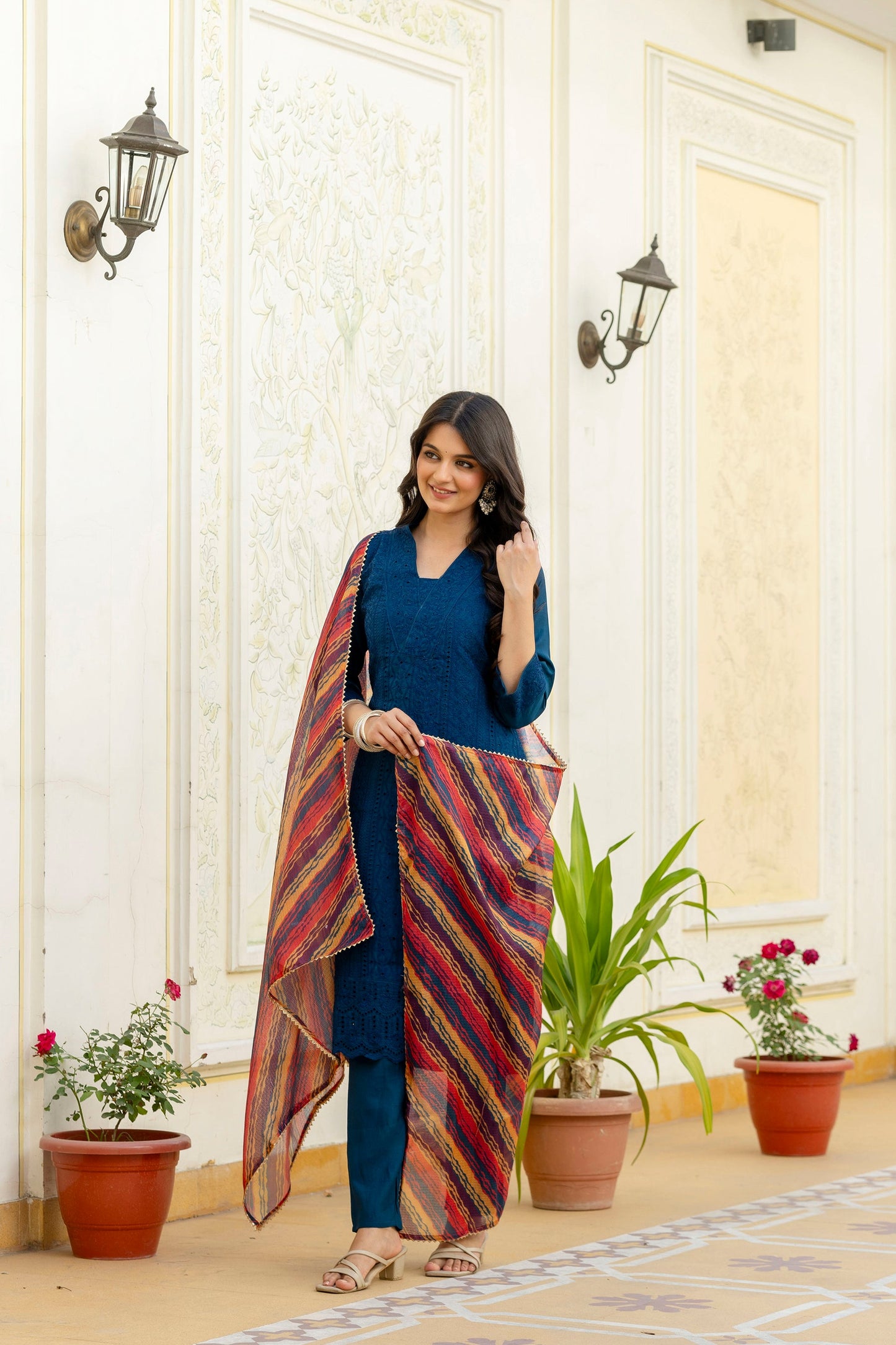 Lorenvalley Fashion Rama Roman Silk Chikan Kari Work Kurta Pant With Dupatta