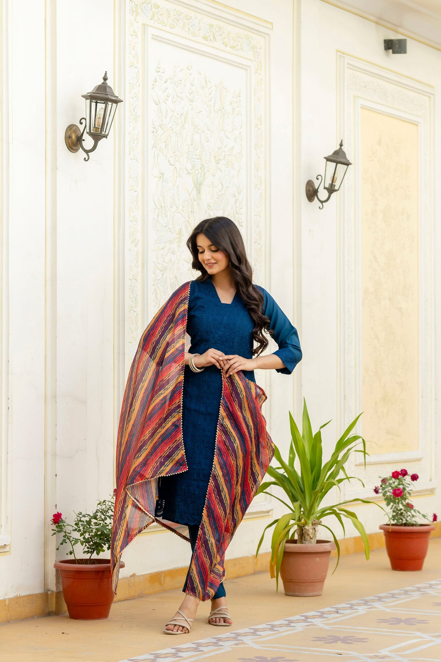Lorenvalley Fashion Rama Roman Silk Chikan Kari Work Kurta Pant With Dupatta