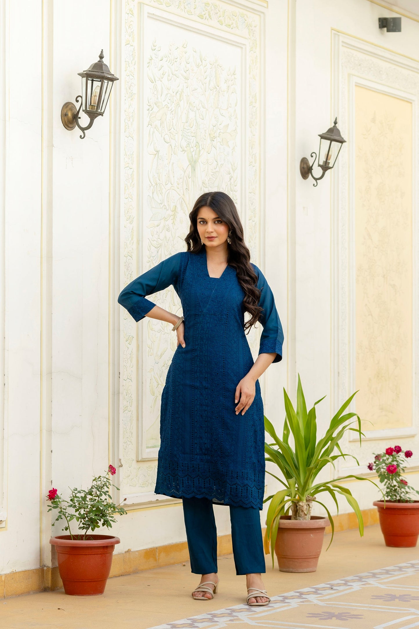 Lorenvalley Fashion Rama Roman Silk Chikan Kari Work Kurta Pant With Dupatta