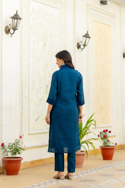Lorenvalley Fashion Rama Roman Silk Chikan Kari Work Kurta Pant With Dupatta