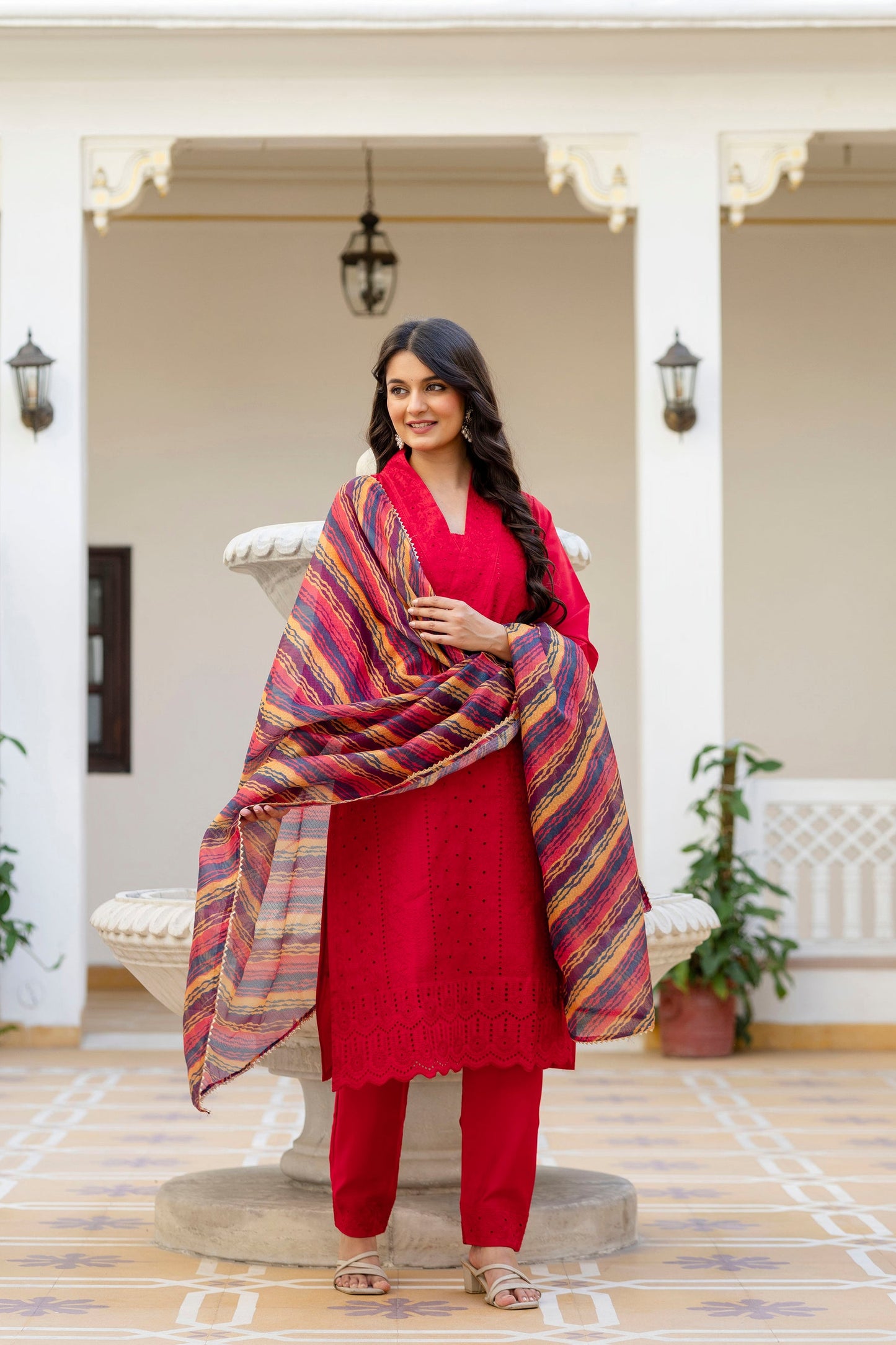 Lorenvalley Fashion Red Roman Silk Chikan Kari Work Kurta Pant With Dupatta