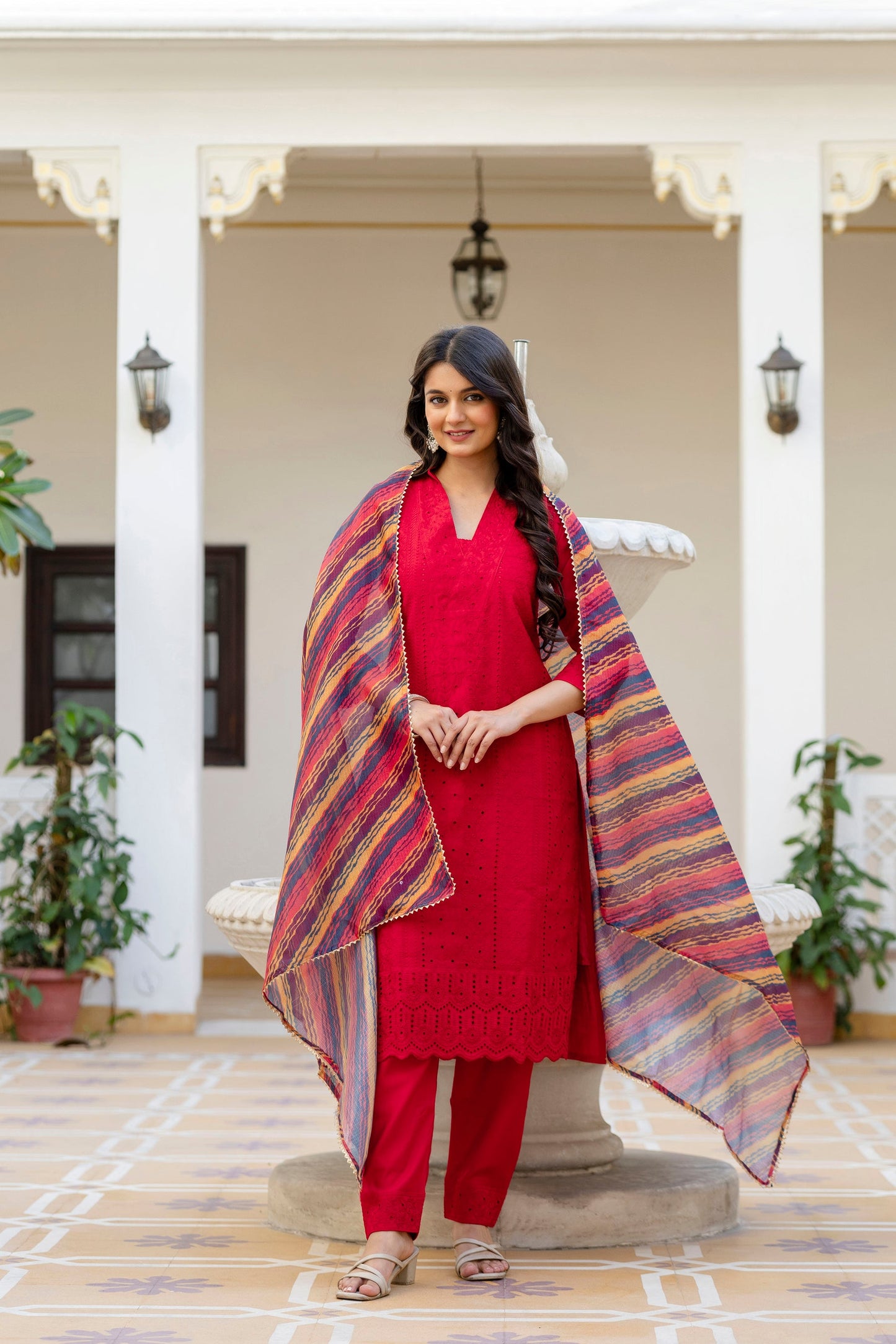 Lorenvalley Fashion Red Roman Silk Chikan Kari Work Kurta Pant With Dupatta