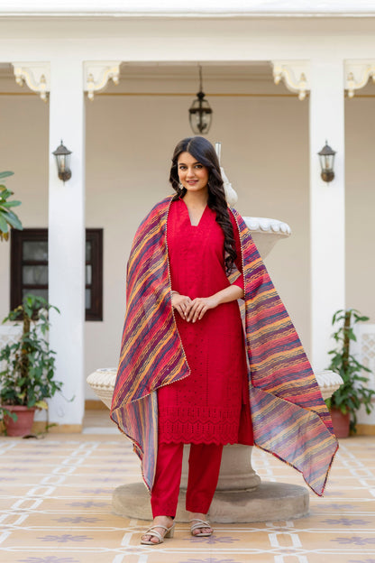 Lorenvalley Fashion Red Roman Silk Chikan Kari Work Kurta Pant With Dupatta