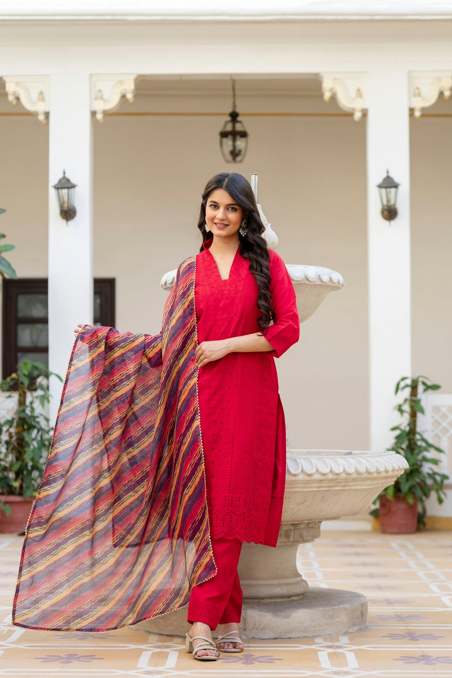 Lorenvalley Fashion Red Roman Silk Chikan Kari Work Kurta Pant With Dupatta
