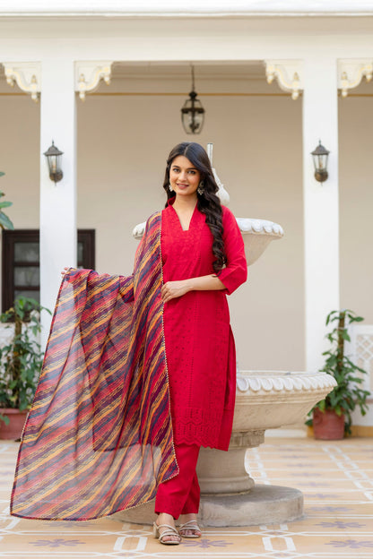 Lorenvalley Fashion Red Roman Silk Chikan Kari Work Kurta Pant With Dupatta