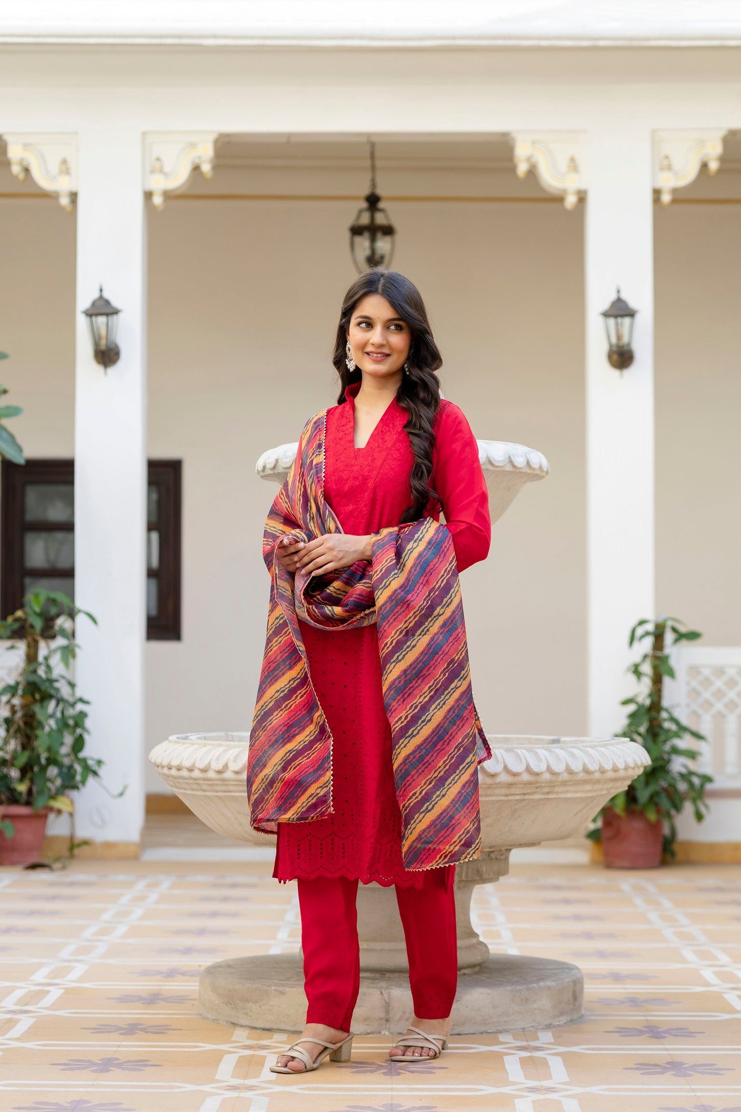 Lorenvalley Fashion Red Roman Silk Chikan Kari Work Kurta Pant With Dupatta