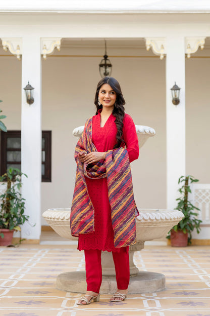 Lorenvalley Fashion Red Roman Silk Chikan Kari Work Kurta Pant With Dupatta