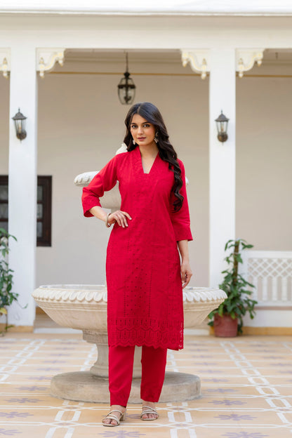 Lorenvalley Fashion Red Roman Silk Chikan Kari Work Kurta Pant With Dupatta