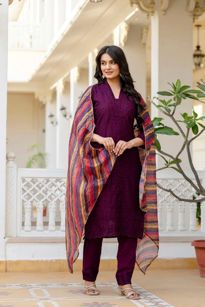 Lorenvalley Fashion Wine Roman Silk Chikan Kari Work Kurta Pant With Dupatta