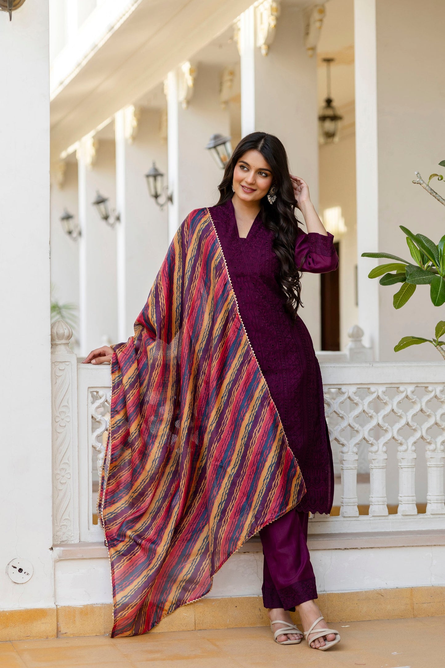 Lorenvalley Fashion Wine Roman Silk Chikan Kari Work Kurta Pant With Dupatta