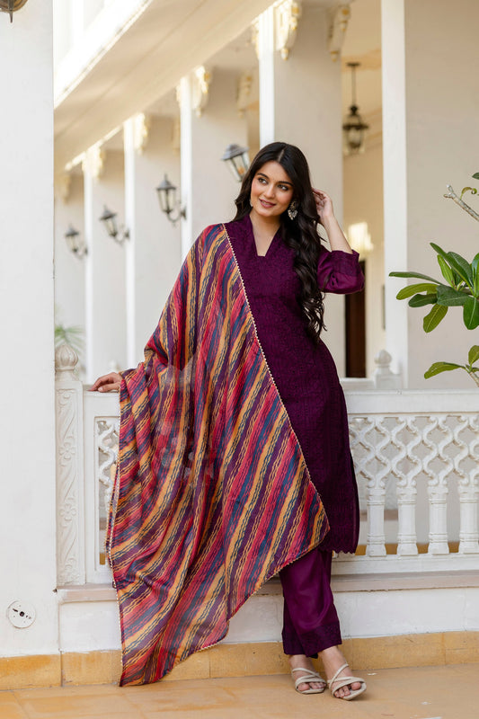 Lorenvalley Fashion Wine Roman Silk Chikan Kari Work Kurta Pant With Dupatta