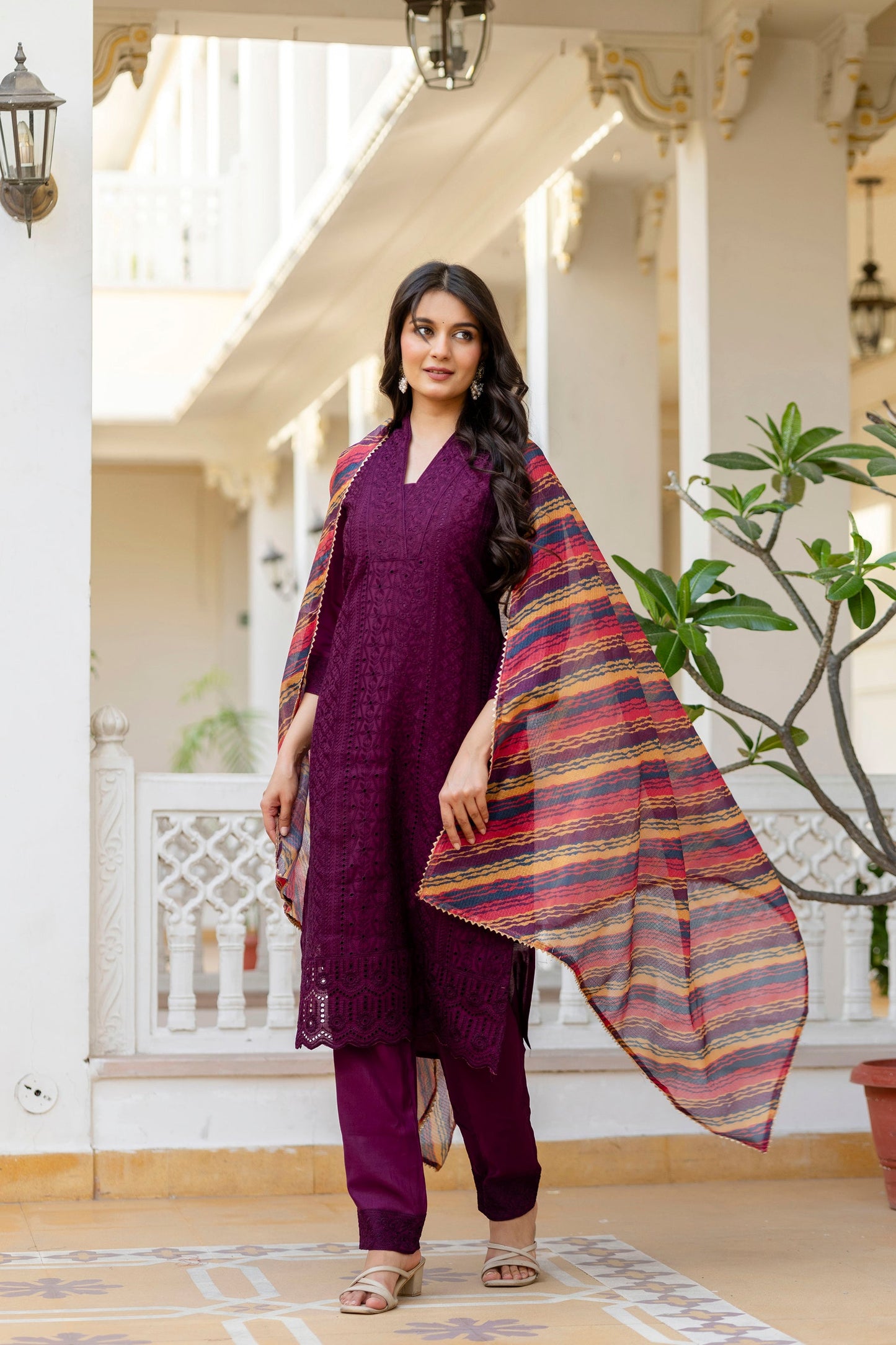 Lorenvalley Fashion Wine Roman Silk Chikan Kari Work Kurta Pant With Dupatta