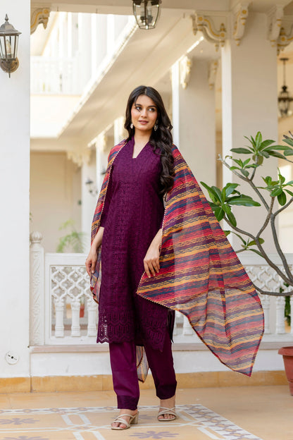 Lorenvalley Fashion Wine Roman Silk Chikan Kari Work Kurta Pant With Dupatta