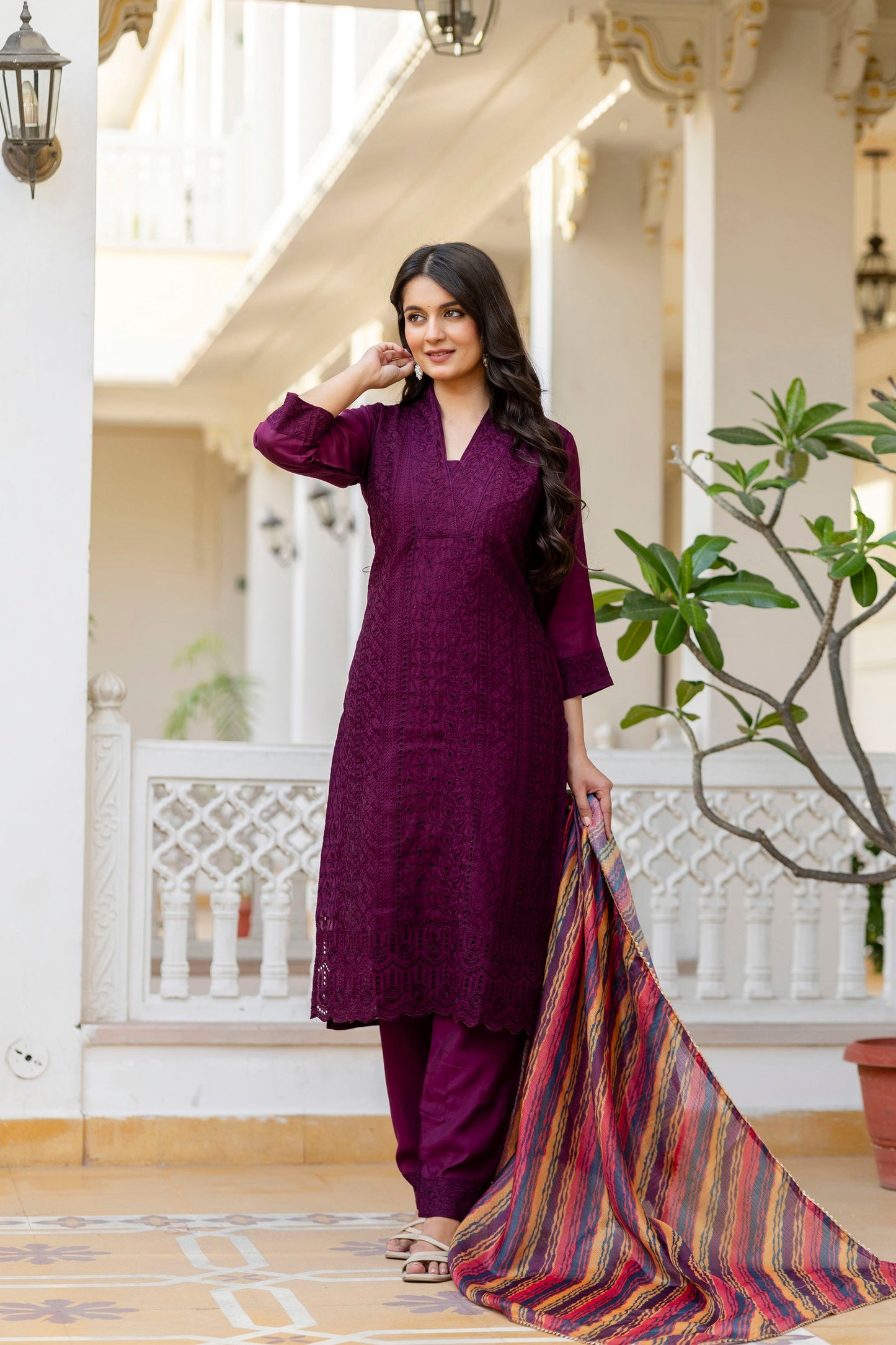 Lorenvalley Fashion Wine Roman Silk Chikan Kari Work Kurta Pant With Dupatta