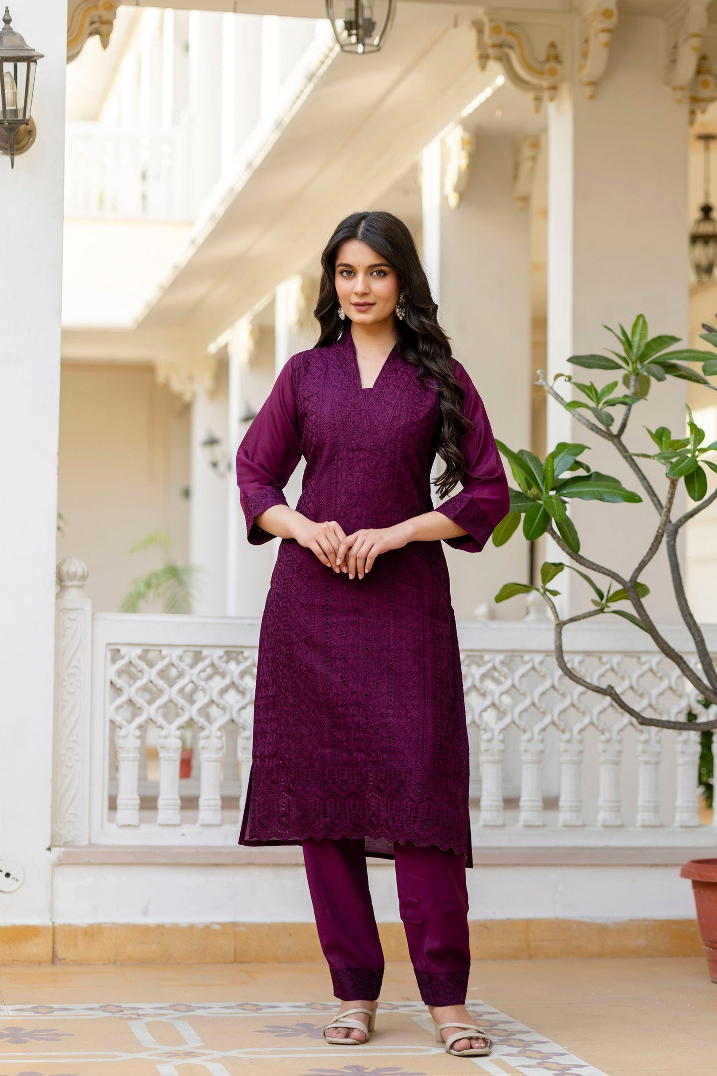 Lorenvalley Fashion Wine Roman Silk Chikan Kari Work Kurta Pant With Dupatta