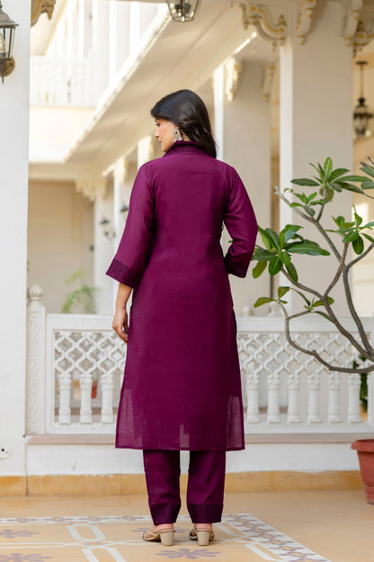 Lorenvalley Fashion Wine Roman Silk Chikan Kari Work Kurta Pant With Dupatta