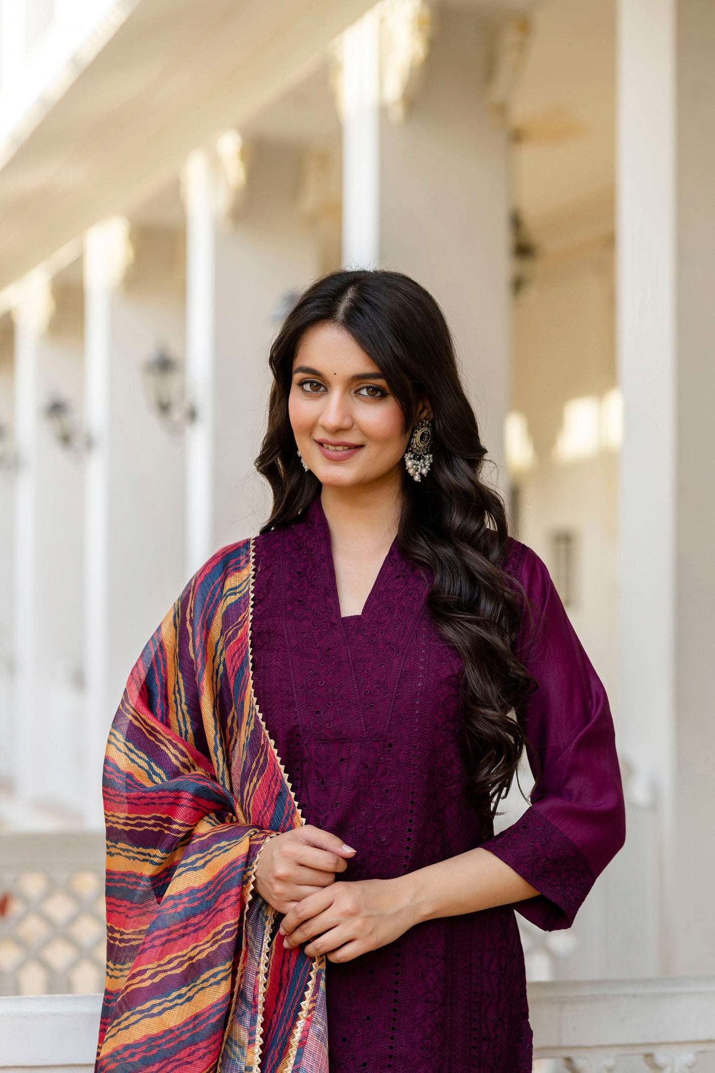 Lorenvalley Fashion Wine Roman Silk Chikan Kari Work Kurta Pant With Dupatta