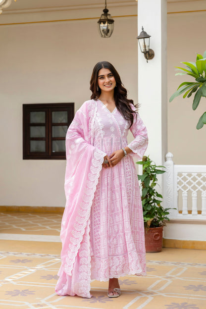 Lorenvalley Fashion Pink Mal Cotton Lakhnowi Work Gown Pant With Dupatta