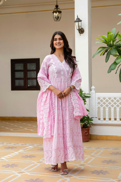 Lorenvalley Fashion Pink Mal Cotton Lakhnowi Work Gown Pant With Dupatta