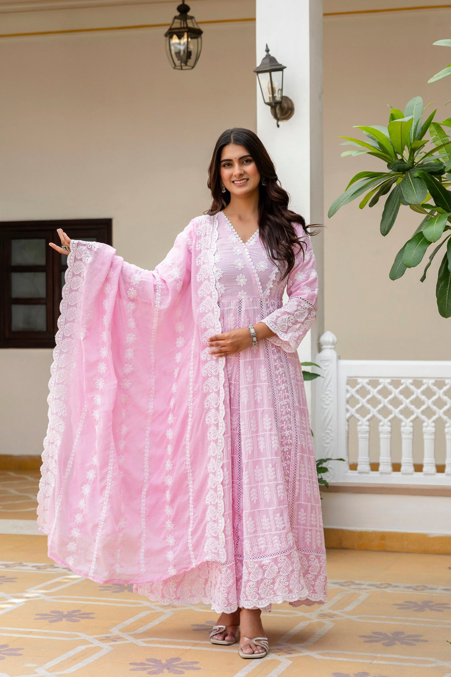 Lorenvalley Fashion Pink Mal Cotton Lakhnowi Work Gown Pant With Dupatta