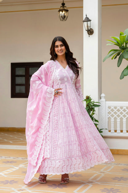 Lorenvalley Fashion Pink Mal Cotton Lakhnowi Work Gown Pant With Dupatta