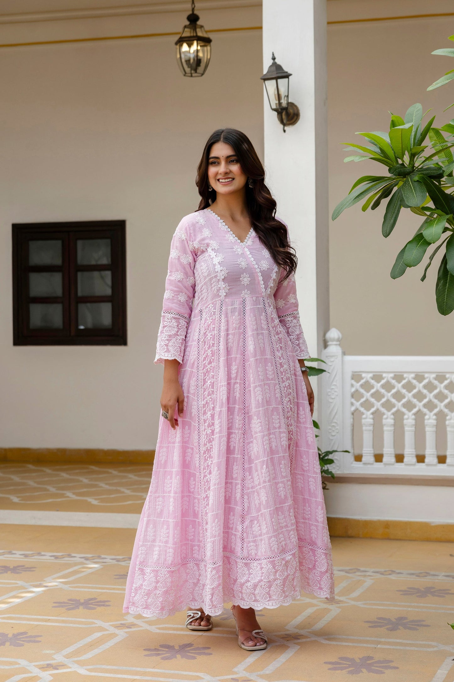 Lorenvalley Fashion Pink Mal Cotton Lakhnowi Work Gown Pant With Dupatta