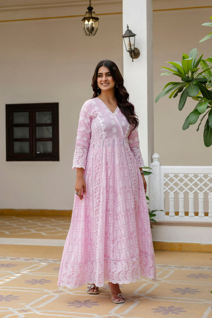 Lorenvalley Fashion Pink Mal Cotton Lakhnowi Work Gown Pant With Dupatta
