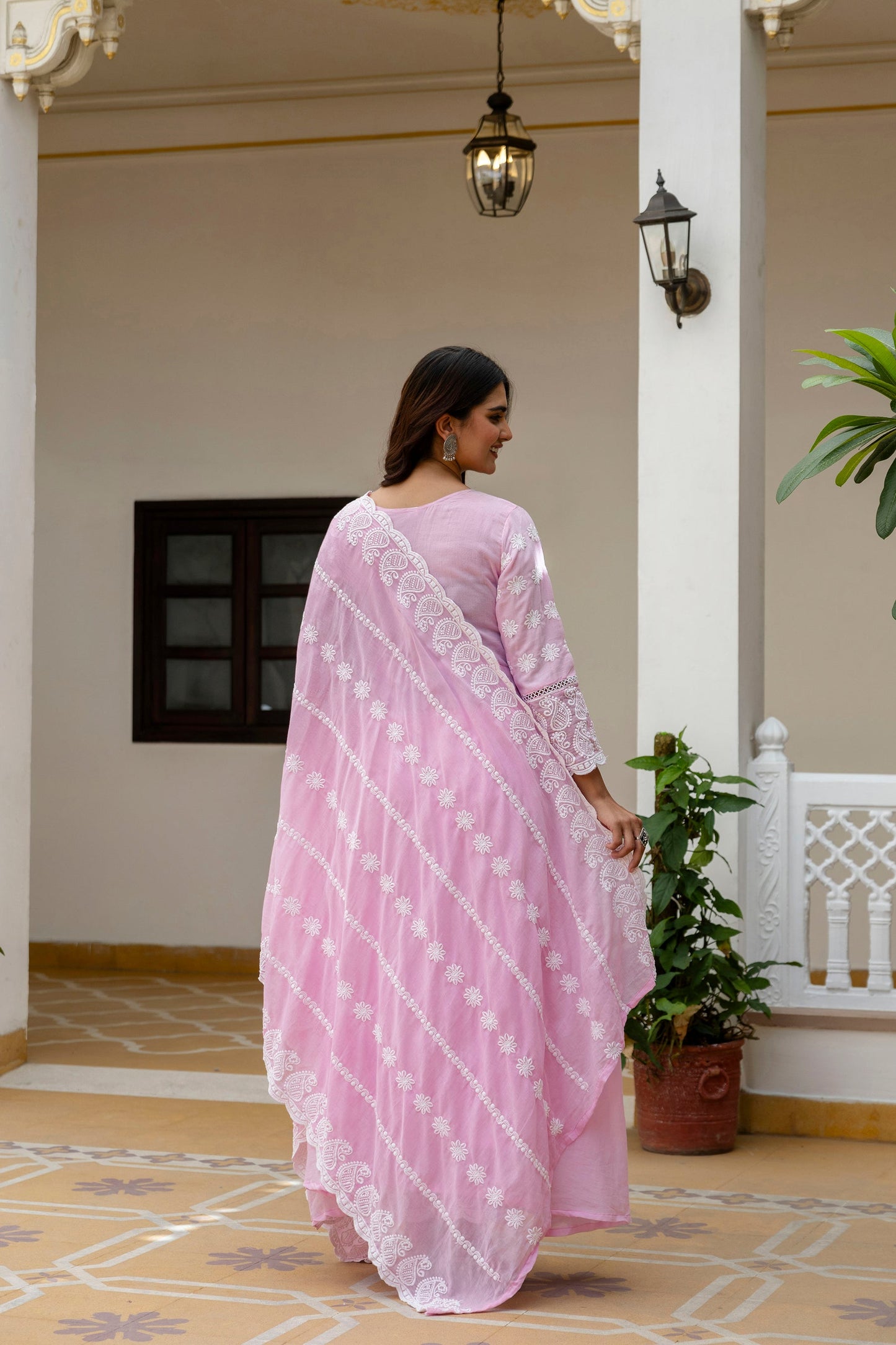 Lorenvalley Fashion Pink Mal Cotton Lakhnowi Work Gown Pant With Dupatta