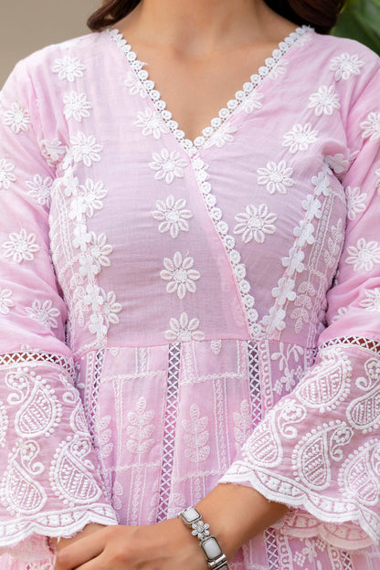 Lorenvalley Fashion Pink Mal Cotton Lakhnowi Work Gown Pant With Dupatta