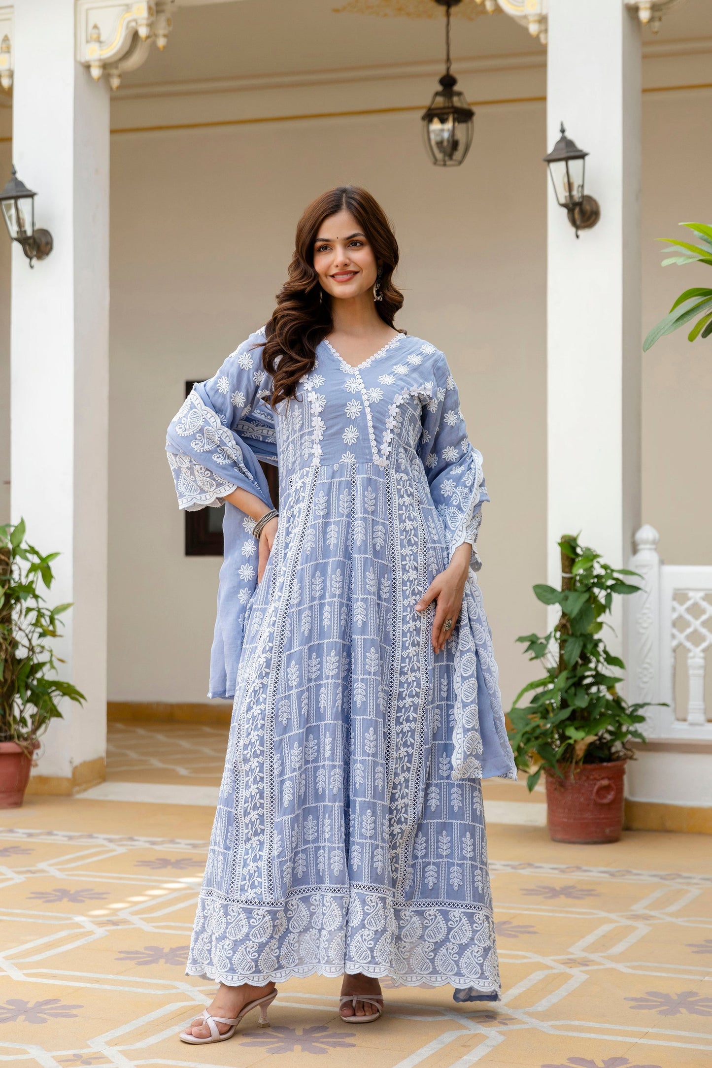Lorenvalley Fashion Skyblue Mal Cotton Lakhnowi Work Gown Pant With Dupatta