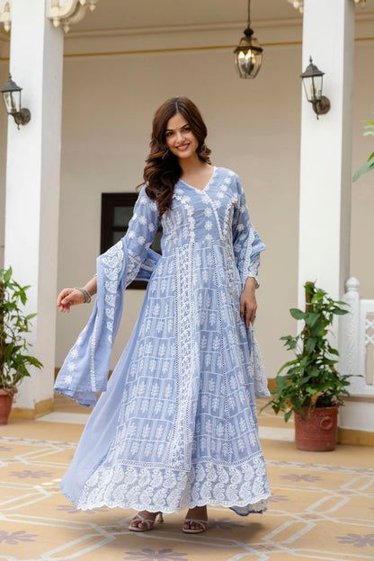 Lorenvalley Fashion Skyblue Mal Cotton Lakhnowi Work Gown Pant With Dupatta
