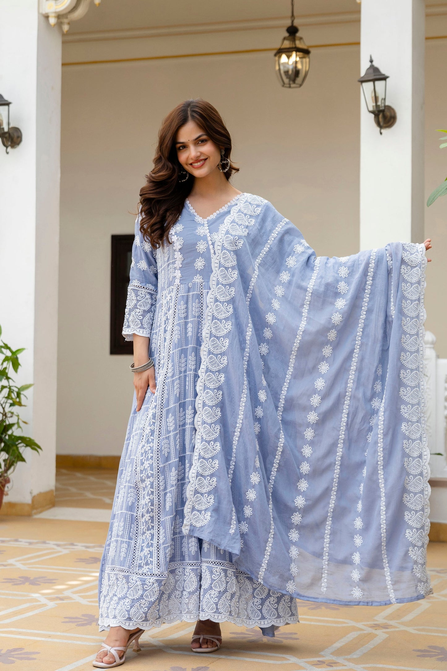 Lorenvalley Fashion Skyblue Mal Cotton Lakhnowi Work Gown Pant With Dupatta