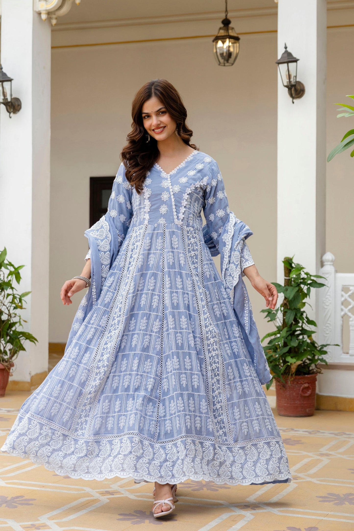 Lorenvalley Fashion Skyblue Mal Cotton Lakhnowi Work Gown Pant With Dupatta