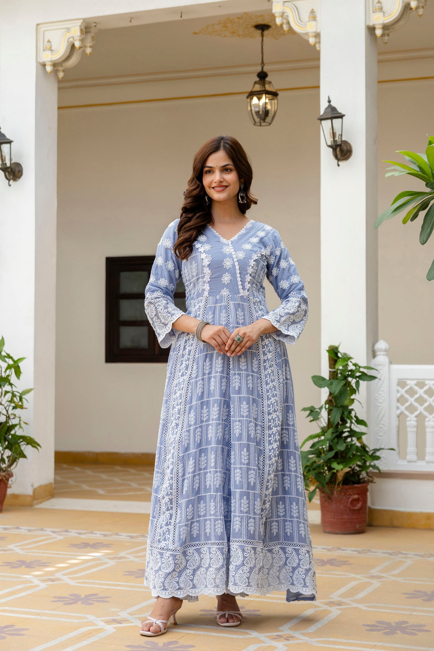 Lorenvalley Fashion Skyblue Mal Cotton Lakhnowi Work Gown Pant With Dupatta