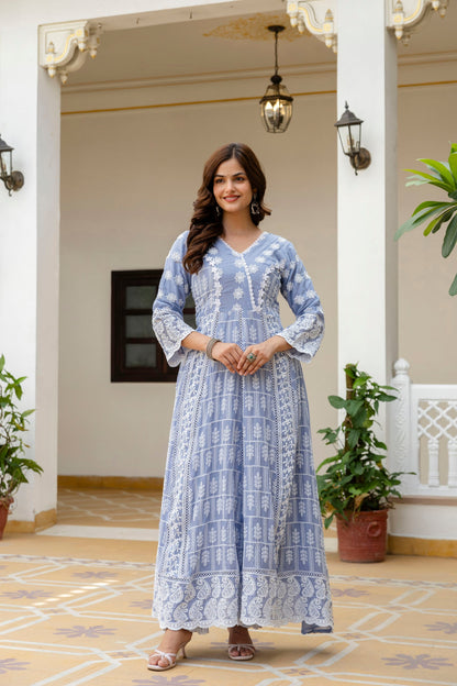 Lorenvalley Fashion Skyblue Mal Cotton Lakhnowi Work Gown Pant With Dupatta