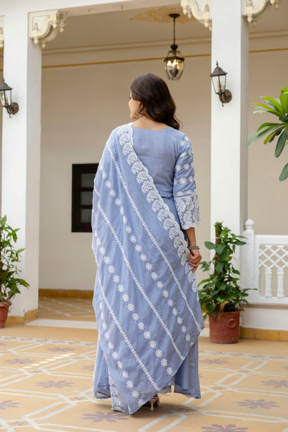 Lorenvalley Fashion Skyblue Mal Cotton Lakhnowi Work Gown Pant With Dupatta