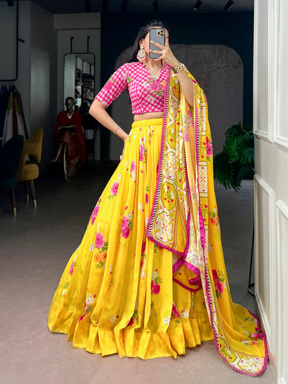 Lorenvalley Fashion Yellow Floral Georgette With Elegant Printed Lehenga Choli With Dupatta