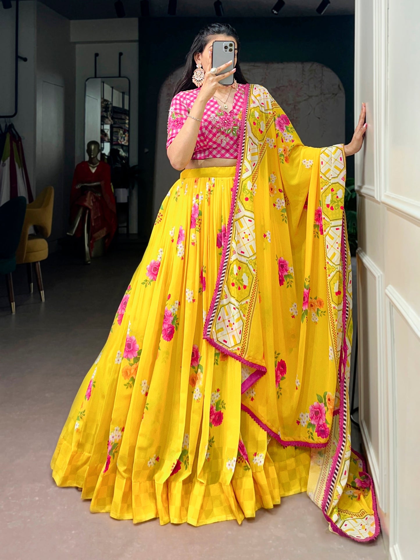 Lorenvalley Fashion Yellow Floral Georgette With Elegant Printed Lehenga Choli With Dupatta