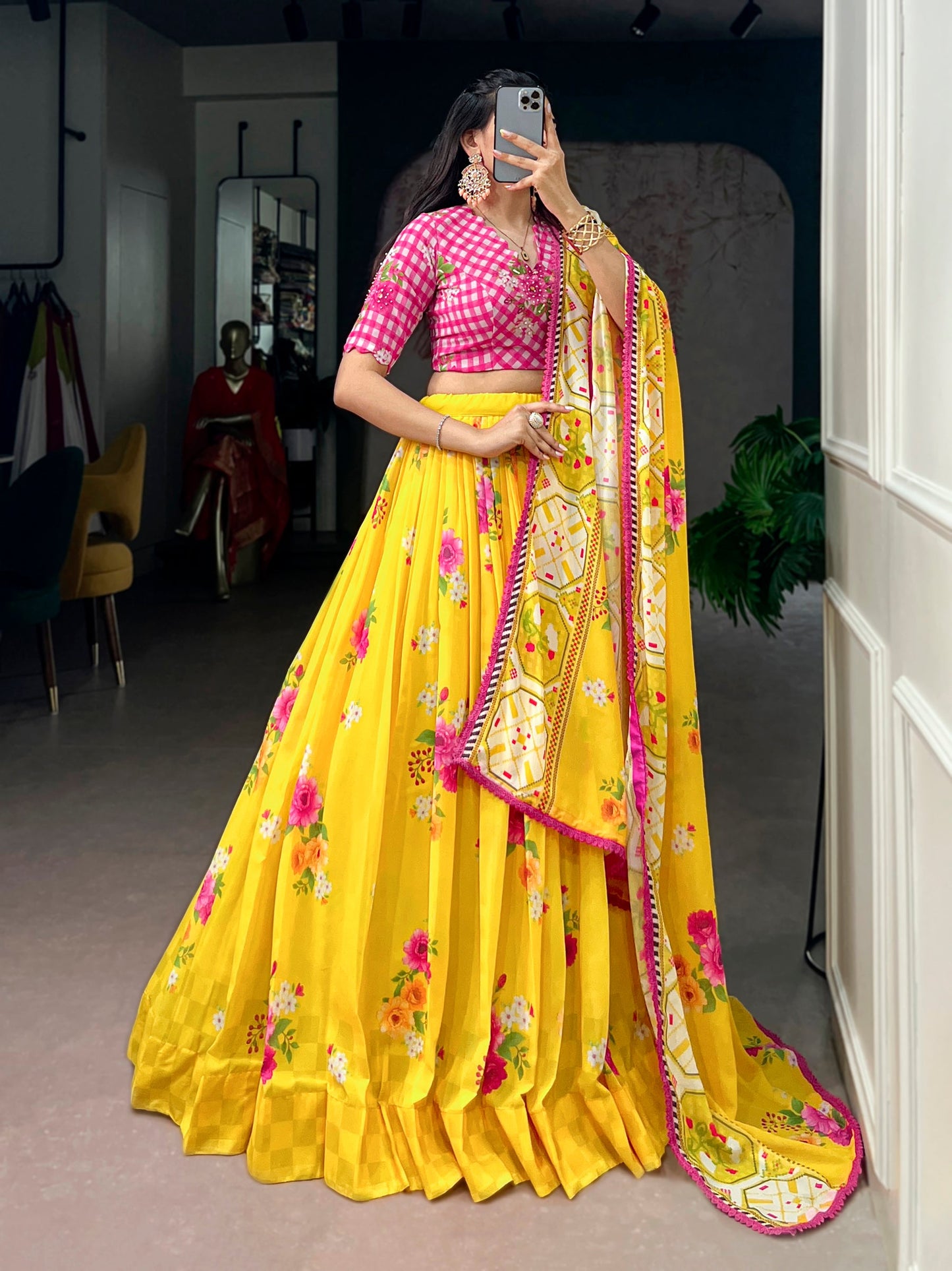 Lorenvalley Fashion Yellow Floral Georgette With Elegant Printed Lehenga Choli With Dupatta