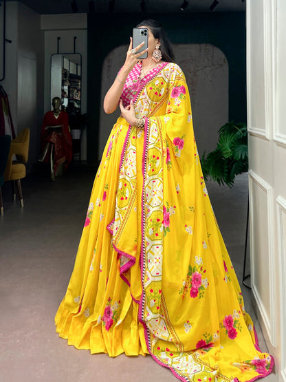 Lorenvalley Fashion Yellow Floral Georgette With Elegant Printed Lehenga Choli With Dupatta
