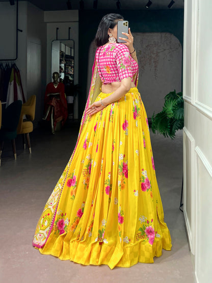 Lorenvalley Fashion Yellow Floral Georgette With Elegant Printed Lehenga Choli With Dupatta