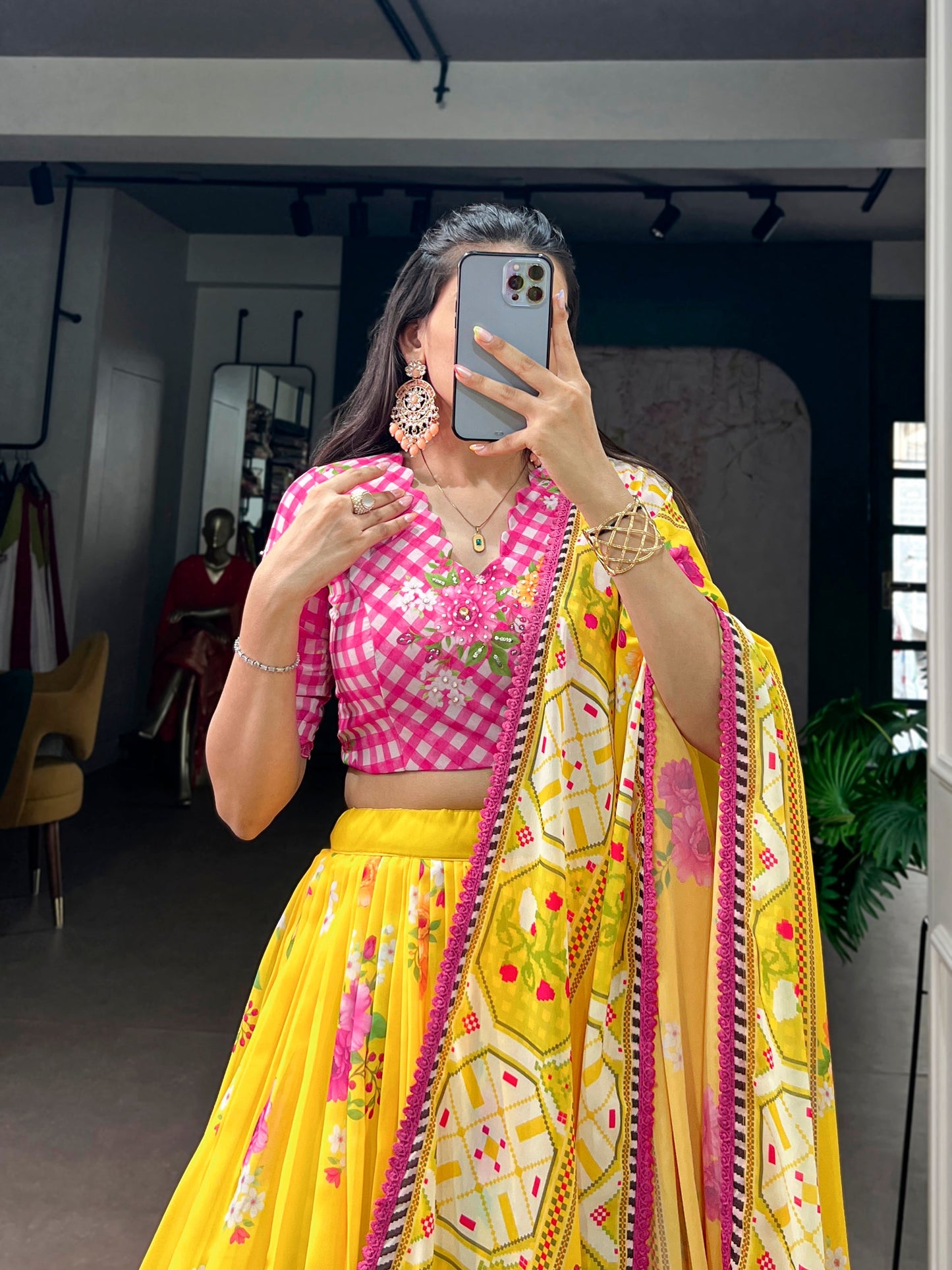 Lorenvalley Fashion Yellow Floral Georgette With Elegant Printed Lehenga Choli With Dupatta