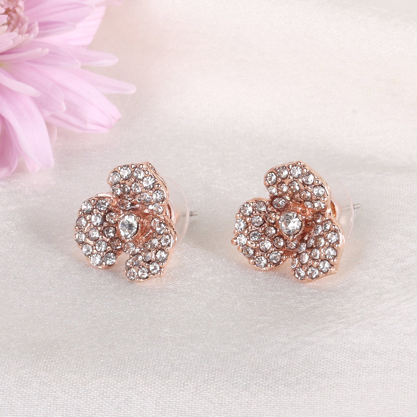 Estele Rose Collection Luxurious Rosegold Finish Floral Rose Stud Earrings for Women with Shining White Austrian Crystals A Perfect Gift of Love