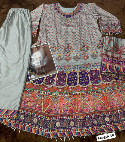 Anaita Beige Crepe Silk Stitched Suit with Digital Print & Zari Work
