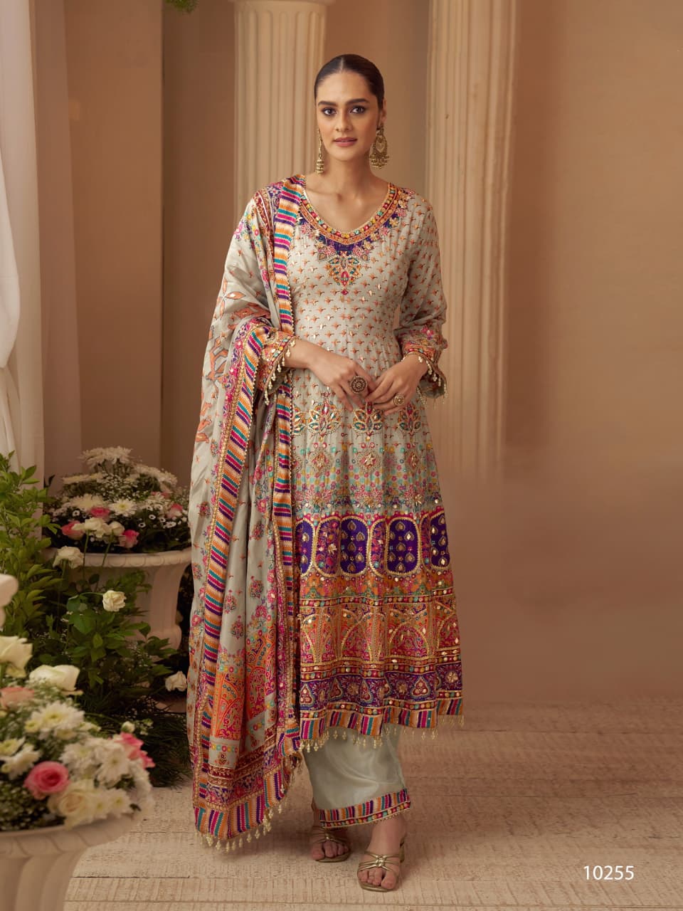 Anaita Beige Crepe Silk Stitched Suit with Digital Print & Zari Work