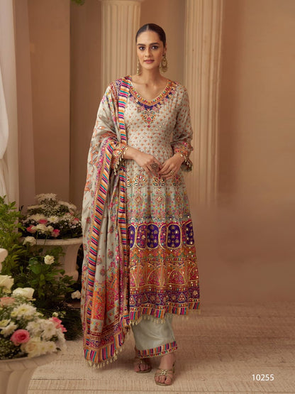 Anaita Beige Crepe Silk Stitched Suit with Digital Print & Zari Work