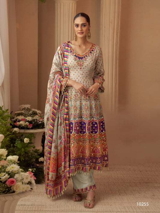 Anaita Beige Crepe Silk Stitched Suit with Digital Print & Zari Work