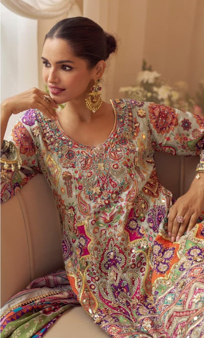 Anaita Multicolor Crepe Silk Stitched Suit with Digital Print & Zari Work